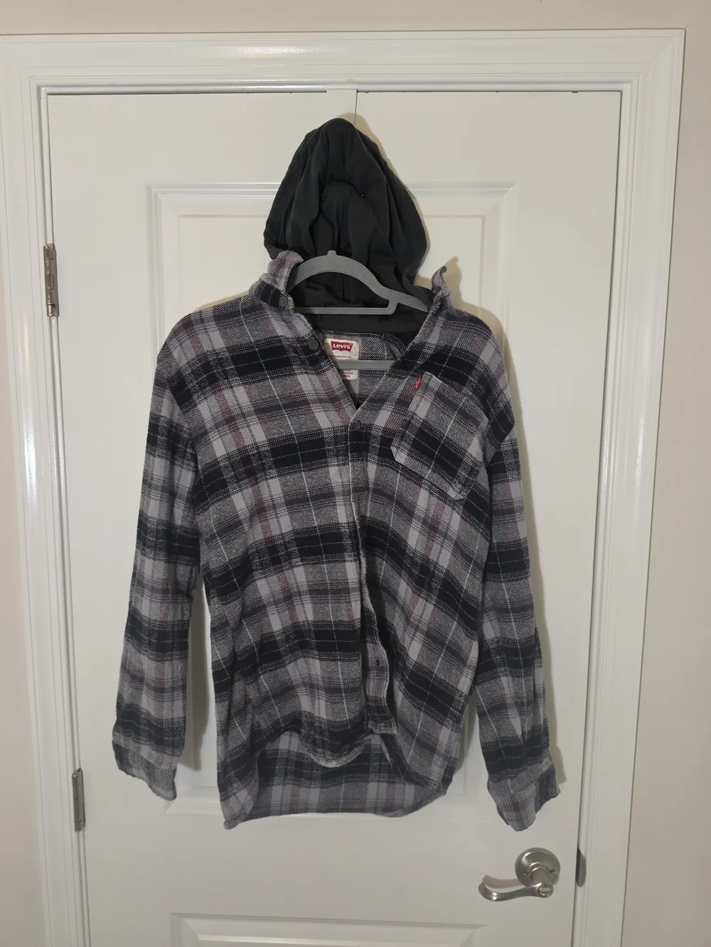 Levi's Men's Plaid Hooded Flannel Shirt Jacket Hoodie Gray/Black/Red Size XL
